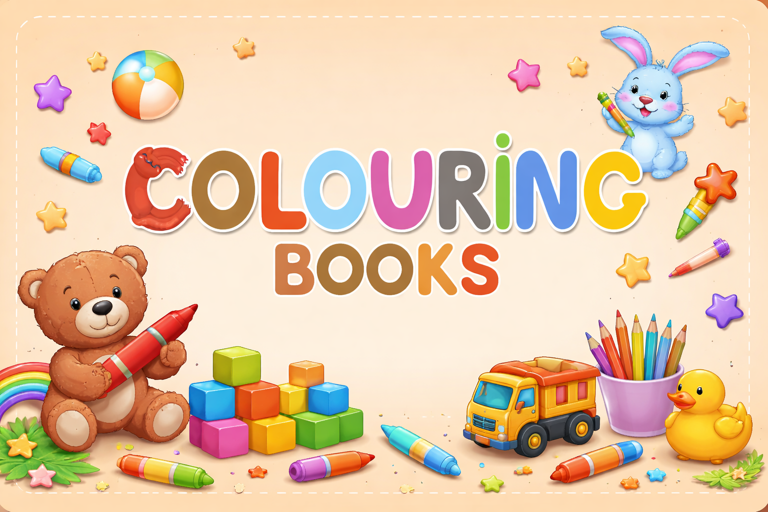 Colouring fun with toys and crayons